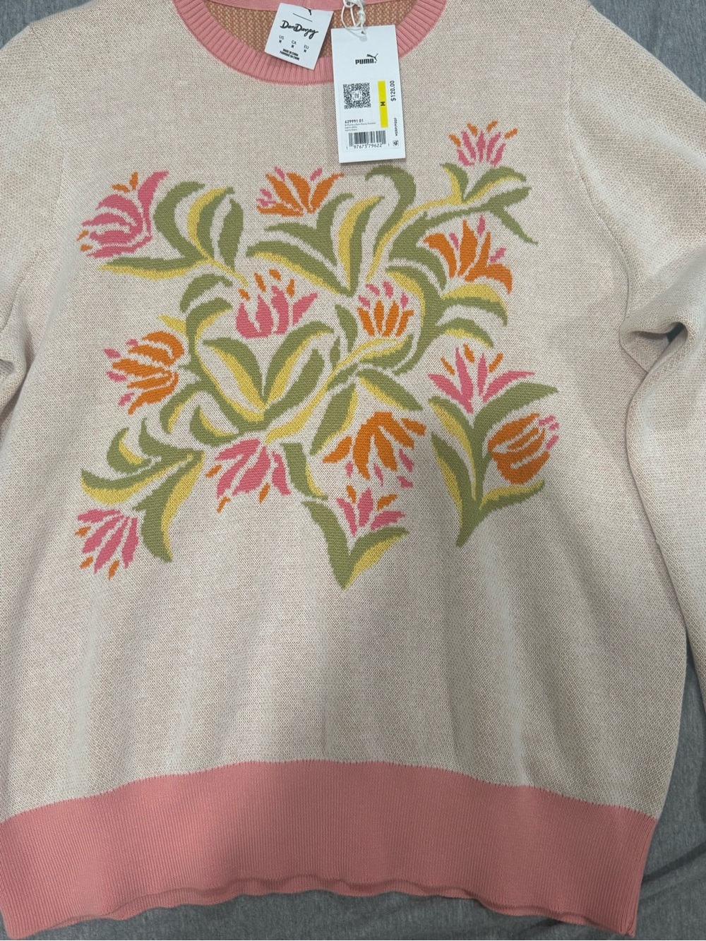Puma Cream Floral Intarsia Crewneck Sweater with Pink Trim - Picture 6 of 9